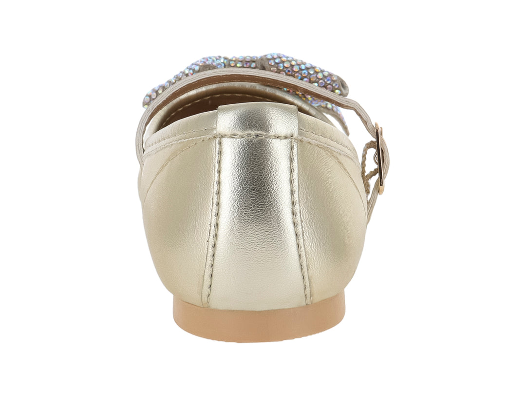 Zapato plano dorado metálico para niña con correa ajustable y moño decorativo con brillos en la punta.