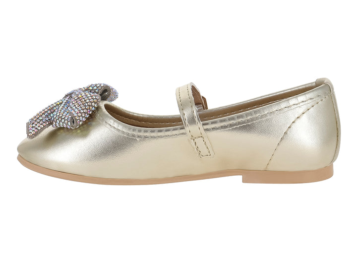 Zapato plano dorado metálico para niña con correa ajustable y moño decorativo con brillos en la punta.