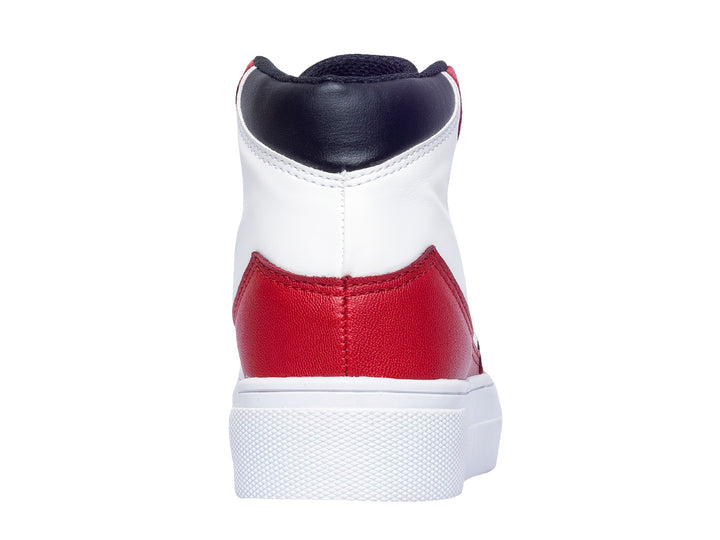 Tenis deportivos de bota alta para niño en colores rojo, blanco y negro con suela blanca gruesa.