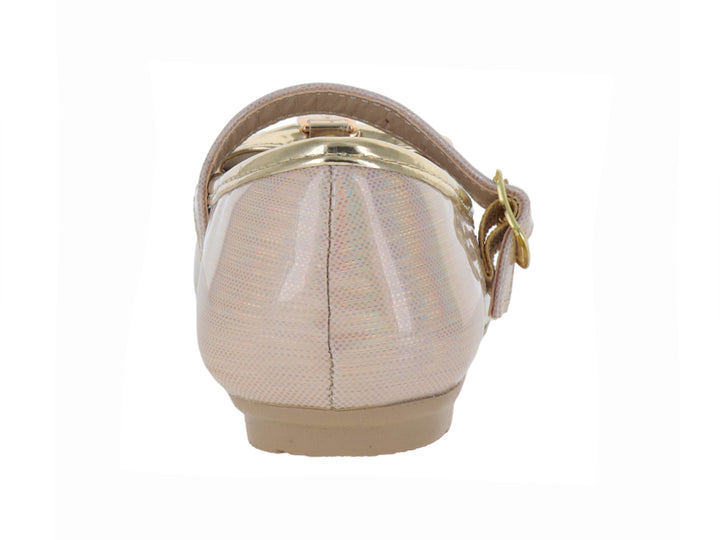 Zapato dorado de charol para niña con moño decorativo y correa con hebilla.