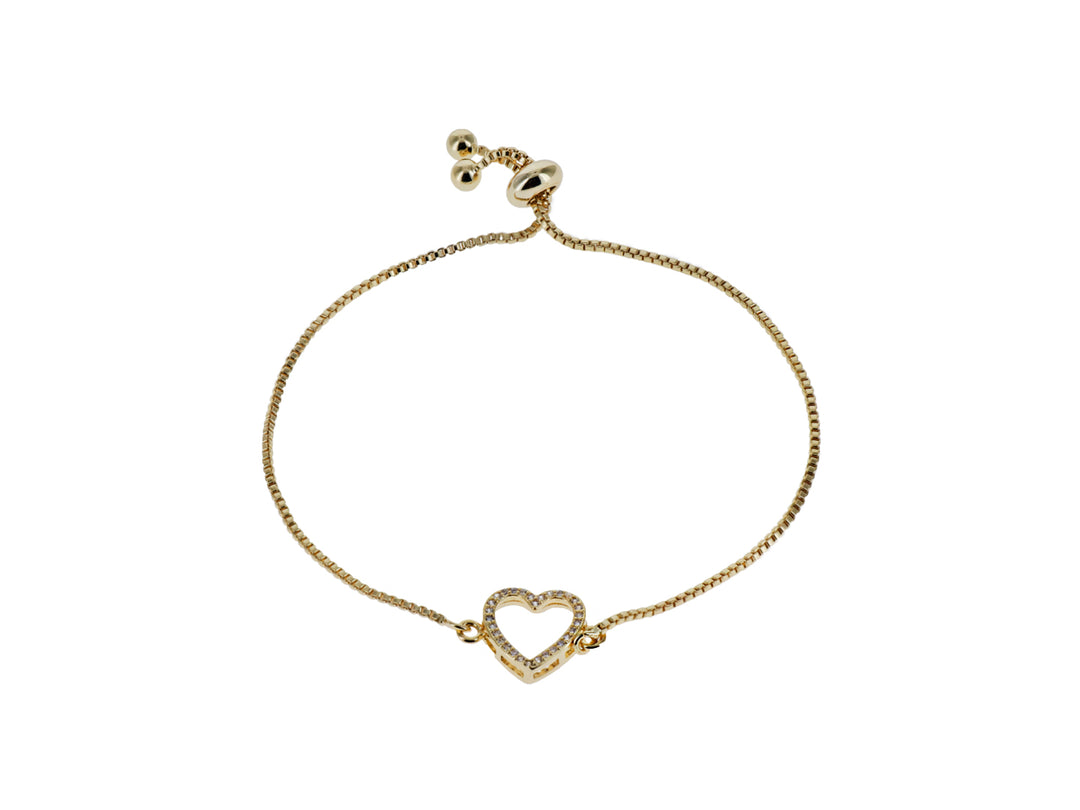Pulsera de cadena dorada con un dije central en forma de corazón y cierre ajustable.