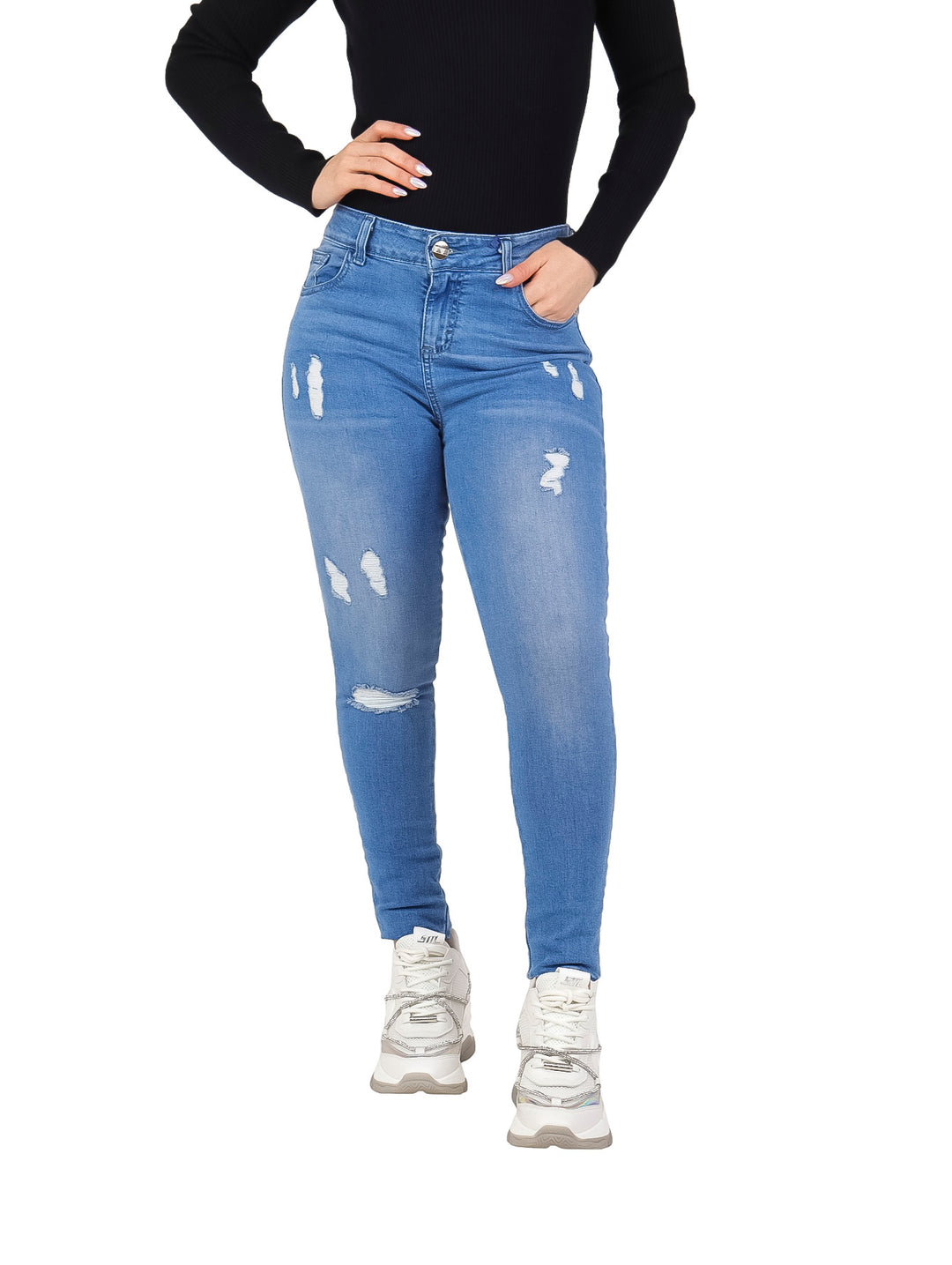 Jeans skinny color azul bleach con detalles de destrucción para mujer.