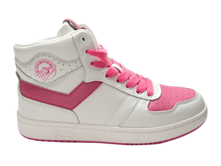 Tenis PONY City Wings Hi en color blanco con detalles y agujetas en tono rosa bubblegum.