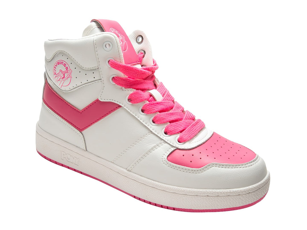 Tenis PONY City Wings Hi en color blanco con detalles y agujetas en tono rosa bubblegum.