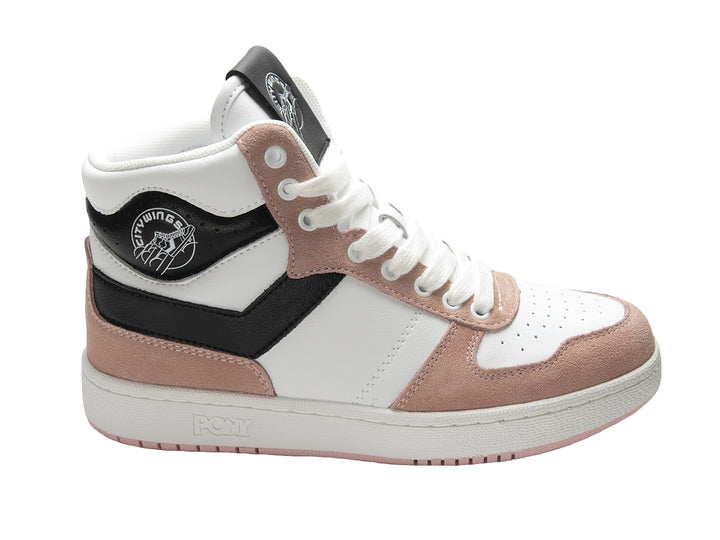 Tenis PONY City Wings HI color blanco con detalles en rosa y negro, corte alto.