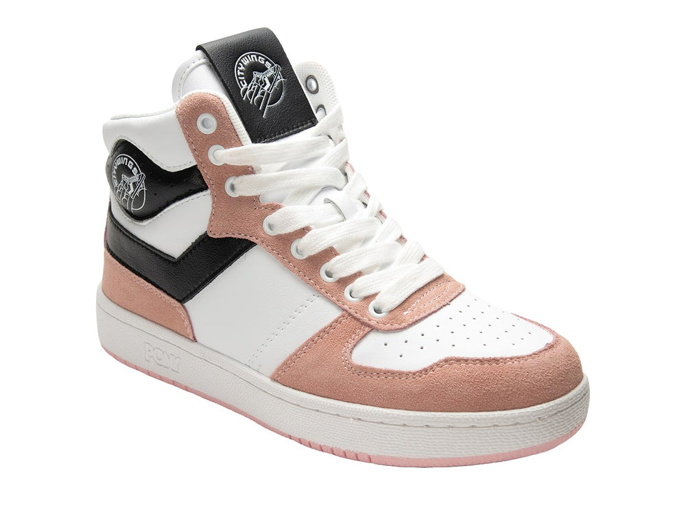 Tenis PONY City Wings HI color blanco con detalles en rosa y negro, corte alto.