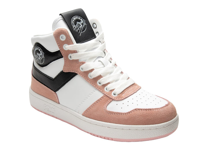 Tenis PONY City Wings HI color blanco con detalles en rosa y negro, corte alto.