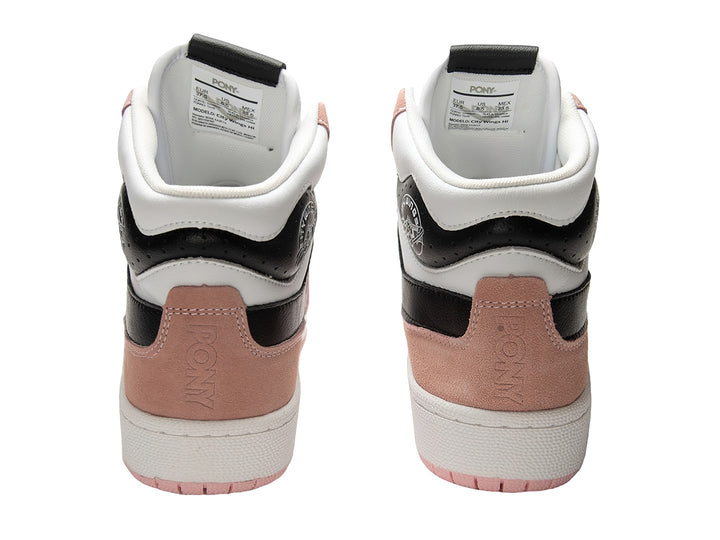 Tenis PONY City Wings HI color blanco con detalles en rosa y negro, corte alto.