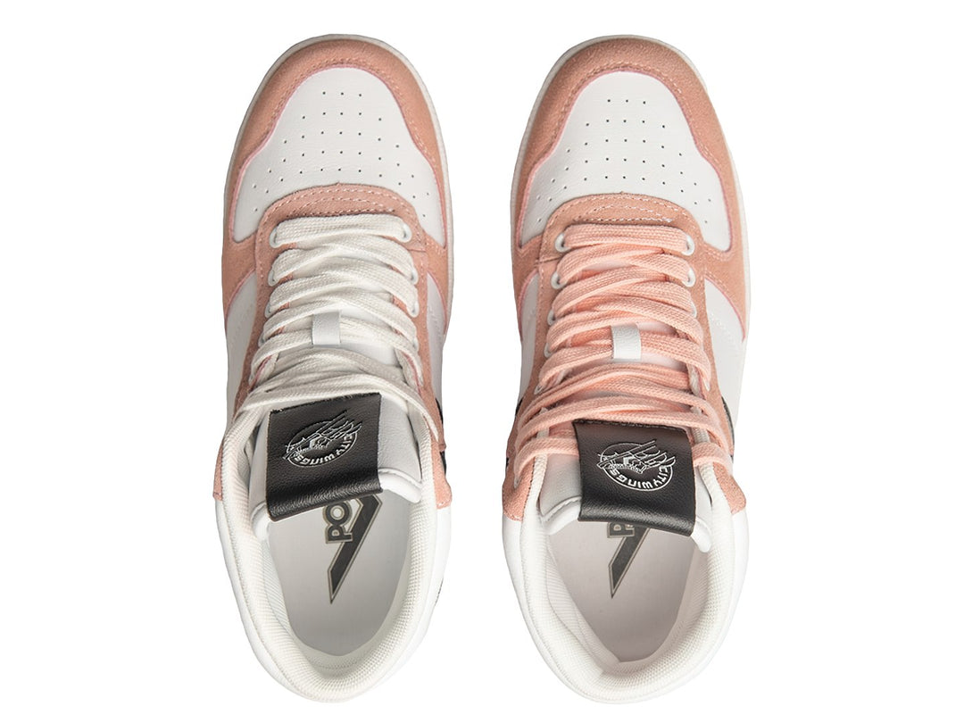 Tenis PONY City Wings HI color blanco con detalles en rosa y negro, corte alto.