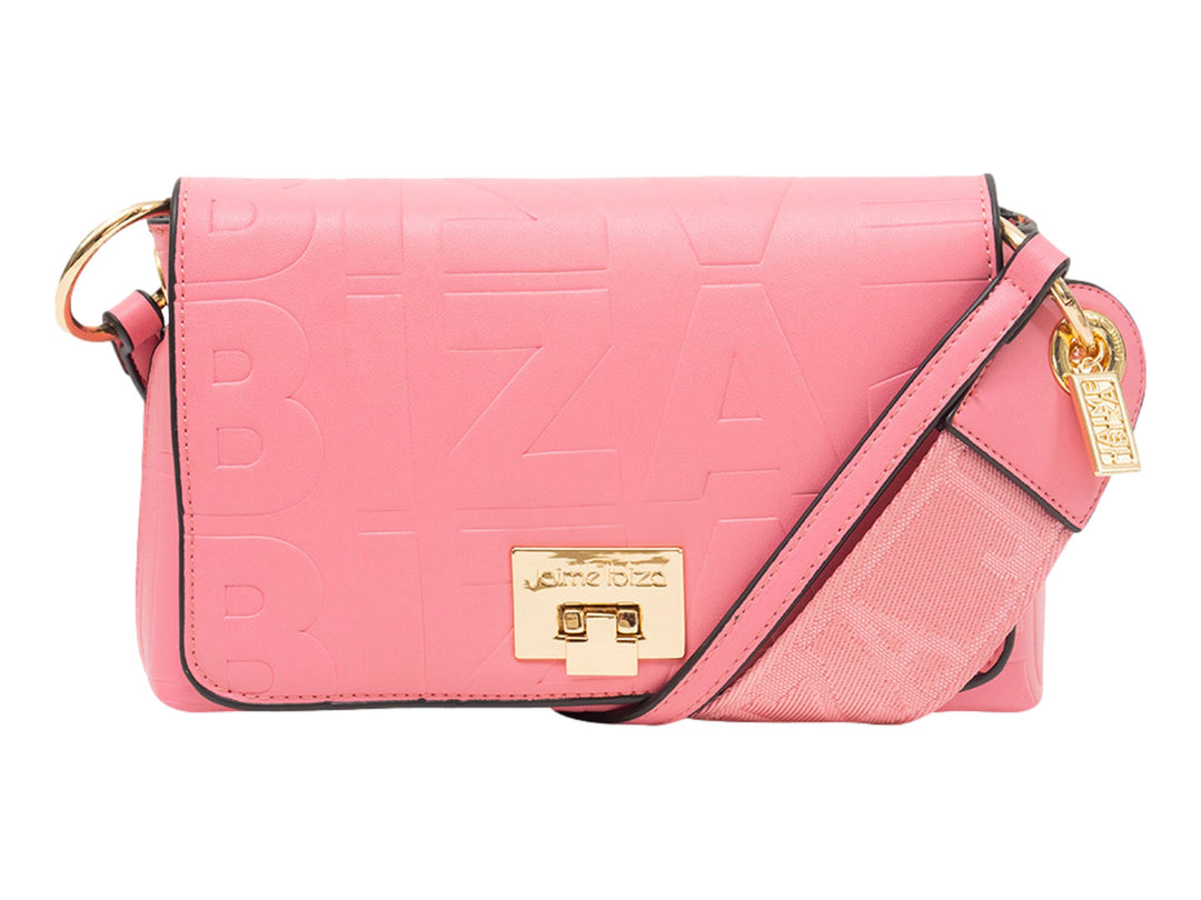 Bolso rosa de Jaime Ibiza con correa ancha y cierre dorado metálico.