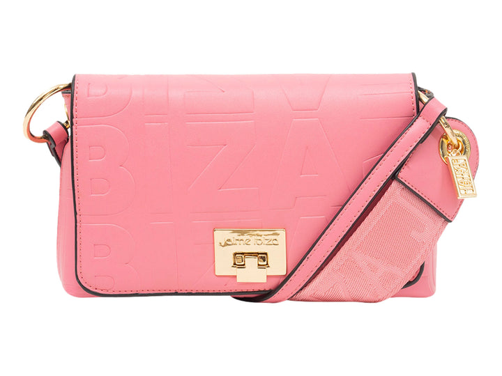 Bolso rosa de Jaime Ibiza con correa ancha y cierre dorado metálico.