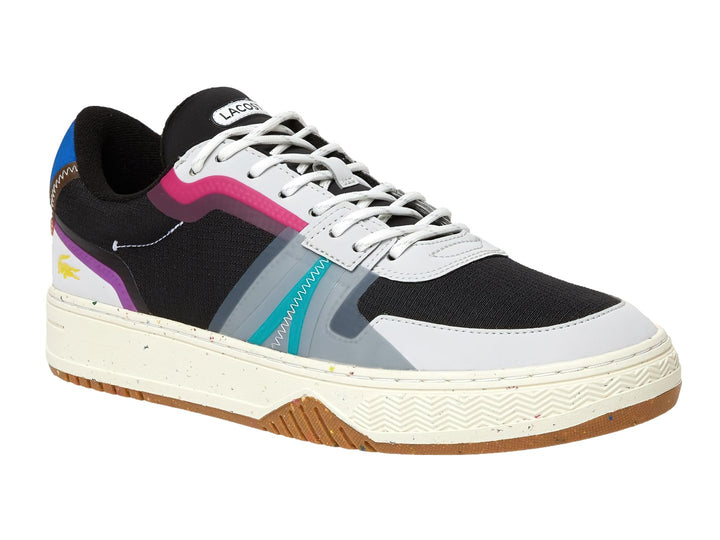 Tenis Lacoste negros con detalles en rosa, azul y gris, con suela blanca y base marrón.