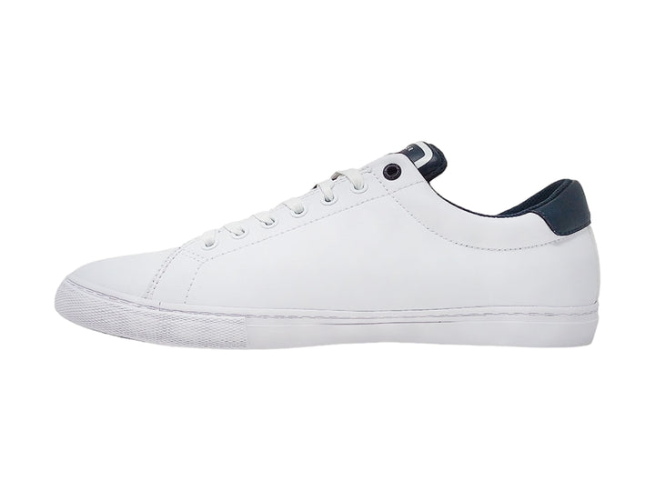 Tenis Tommy Hilfiger color blanco con detalles en azul marino y firma delineada en el costado.