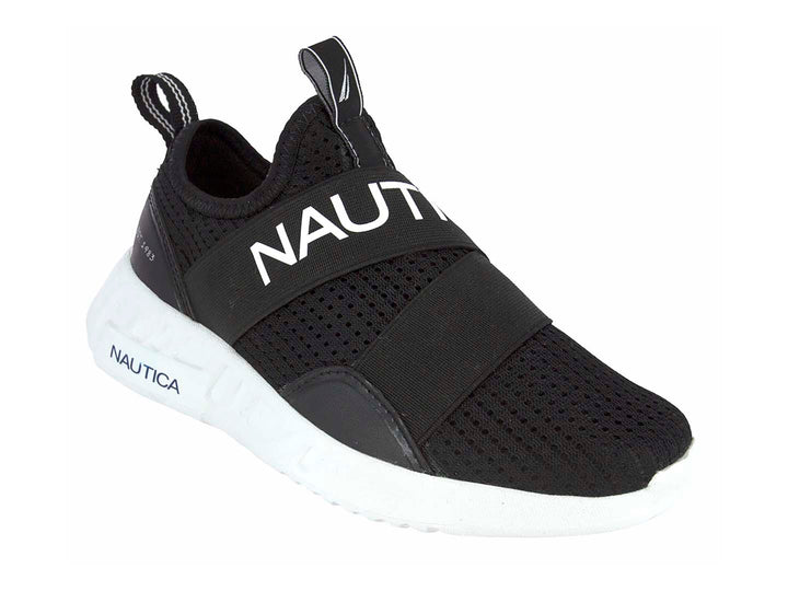 Tenis deportivos Nautica color negro con suela blanca y diseño sin cordones.