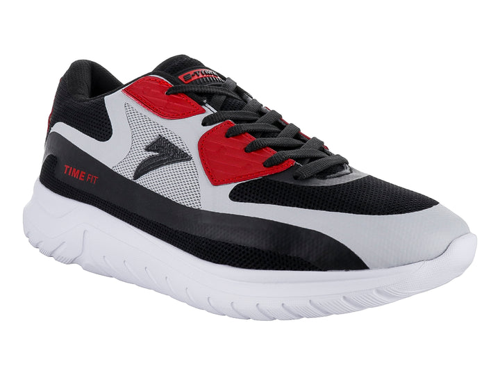 Tenis deportivos de baloncesto en colores negro, gris y rojo con suela blanca.