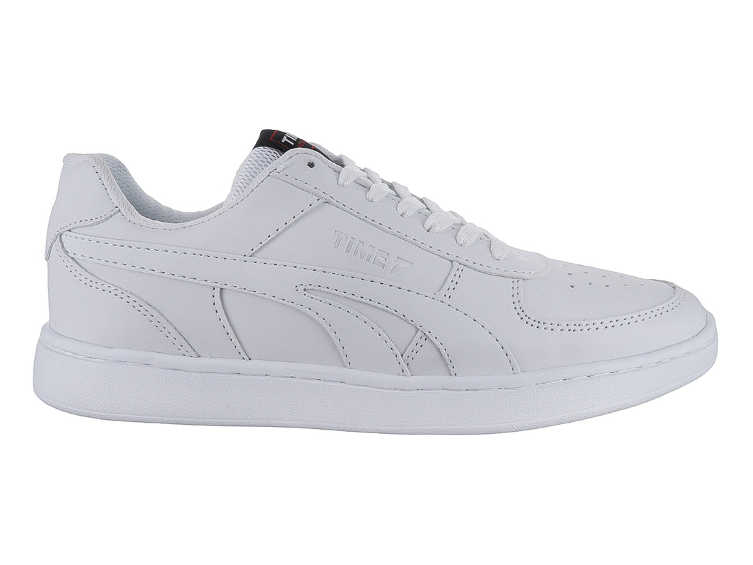 Tenis deportivos blancos para niños de material sintético con cordones y suela blanca.