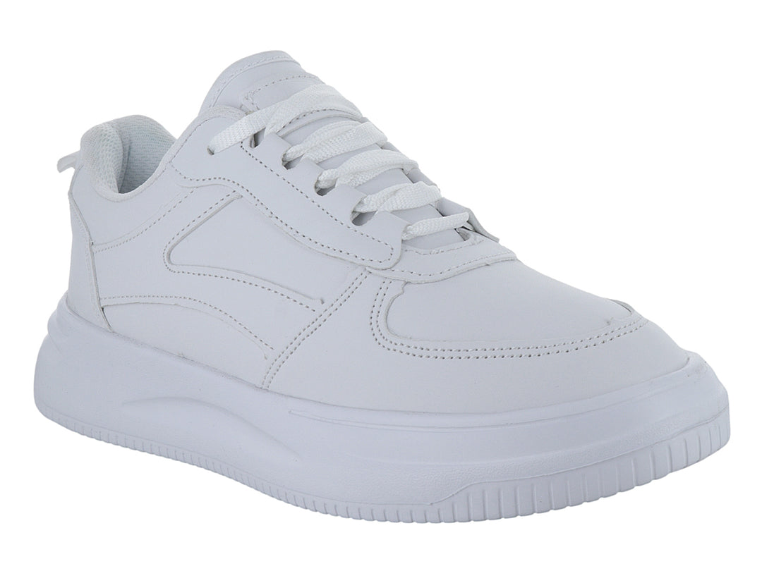 Tenis deportivos Sport Time color blanco total con suela ancha y cordones, vista lateral.