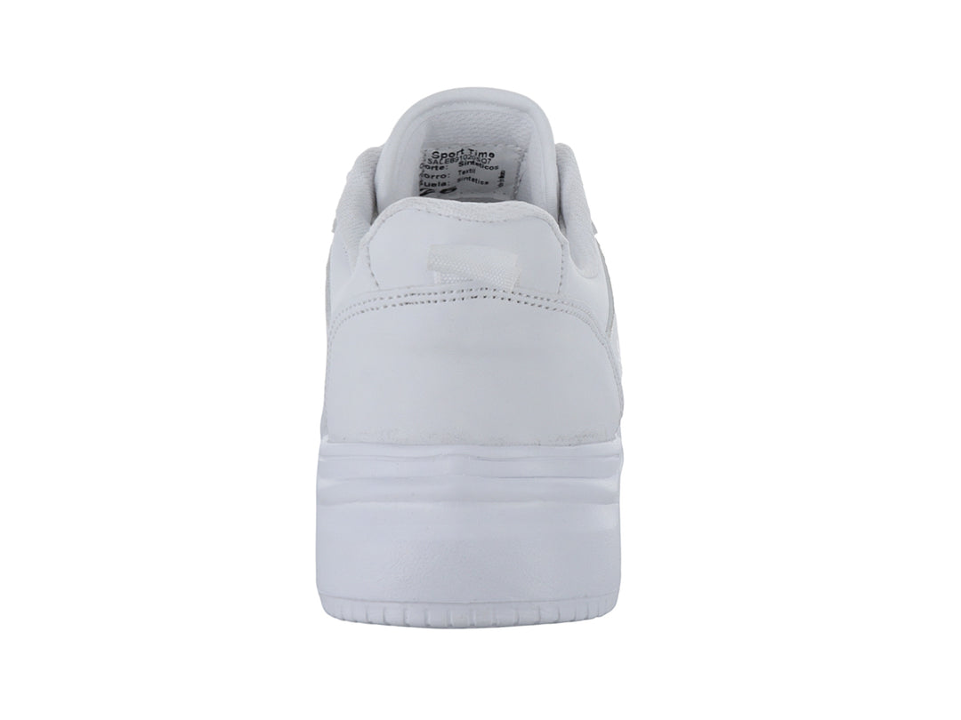 Tenis deportivos Sport Time color blanco total con suela ancha y cordones, vista lateral.