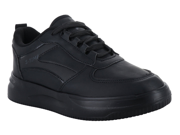 Tenis deportivos color negro total con suela ancha y cordones, marca Sport Time.
