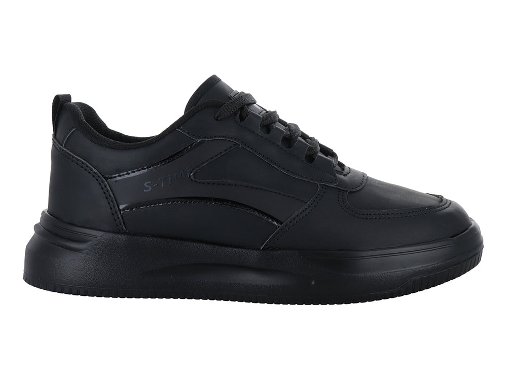 Tenis deportivos color negro total con suela ancha y cordones, marca Sport Time.