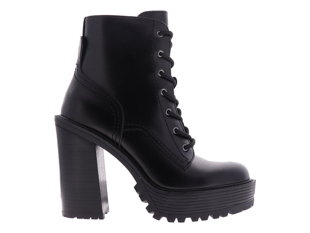Botas negras de marca GUESS con tacón grueso, plataforma y cierre de agujetas para mujer.