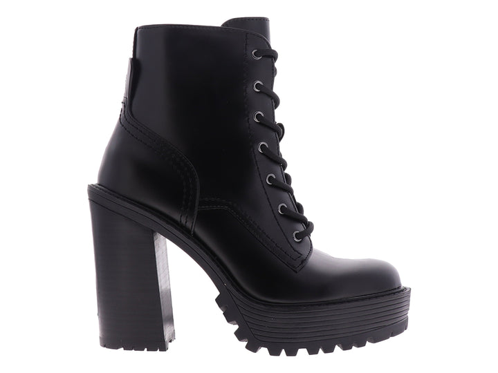 Botas negras de marca GUESS con tacón grueso, plataforma y cierre de agujetas para mujer.