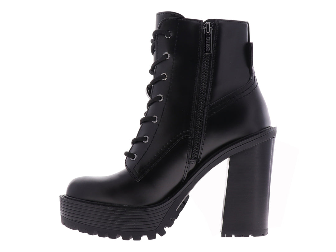 Botas negras de marca GUESS con tacón grueso, plataforma y cierre de agujetas para mujer.