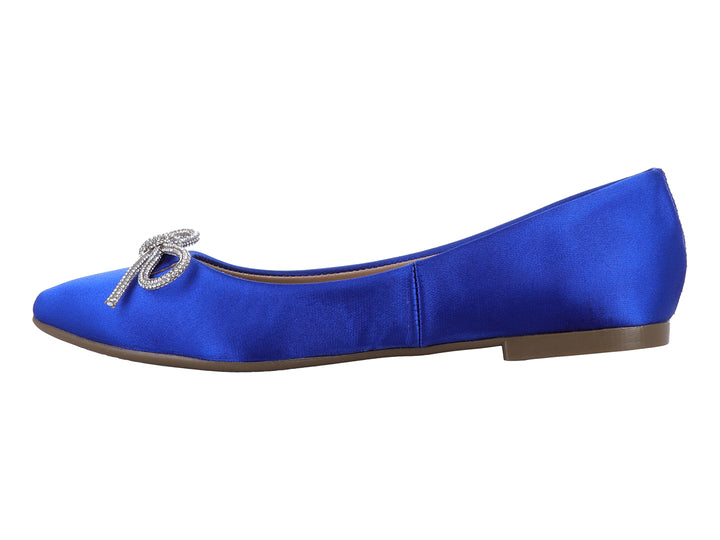 Zapato plano color azul cobalto con un moño brillante en la punta.