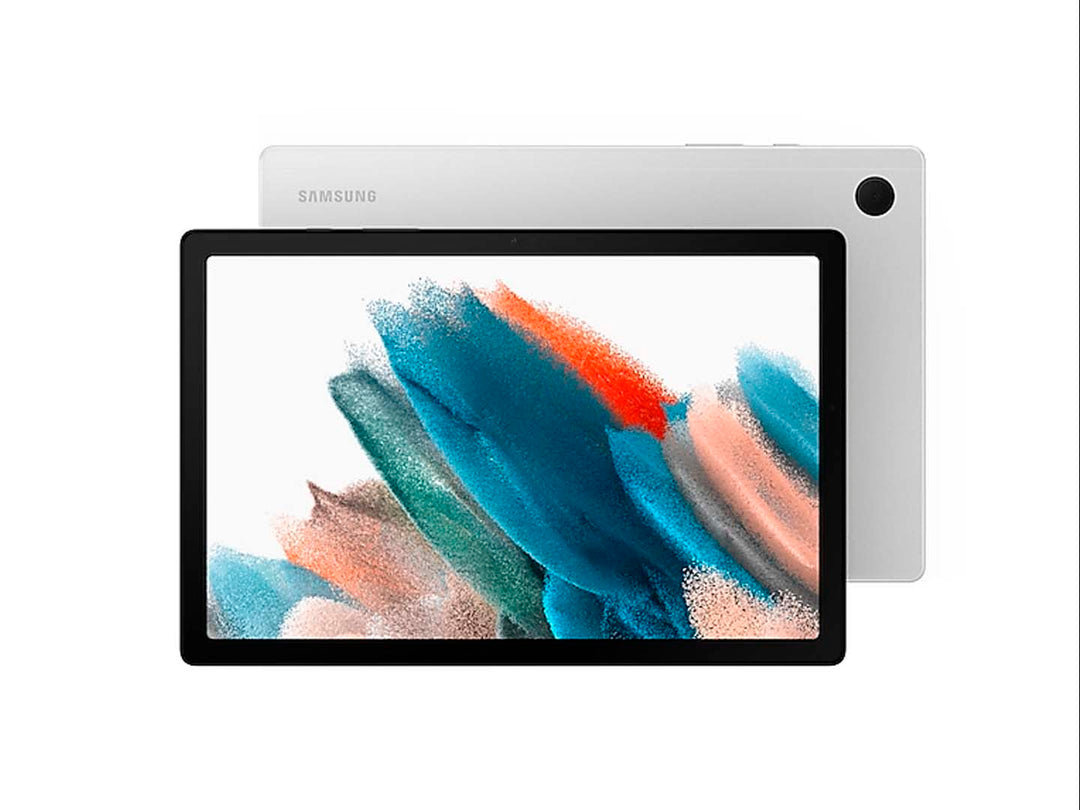 Tablet Samsung Galaxy Tab A8 en color plata con pantalla encendida y marco negro.