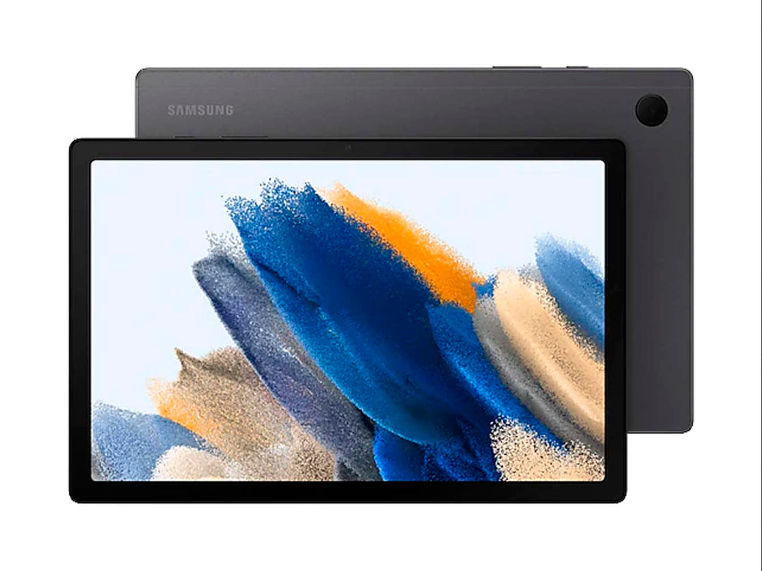 Tablet Samsung Galaxy Tab A8 en color gris oscuro, vista frontal y posterior sobre fondo blanco.