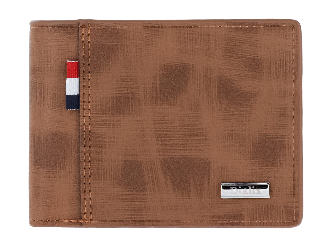 Cartera marrón de material sintético con textura rayada, detalles en rojo, blanco y azul, y placa metálica Dialix.