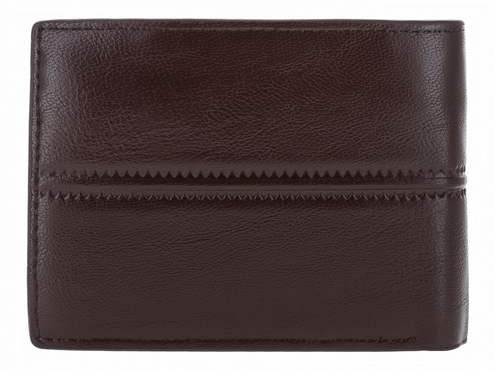 Cartera de cuero color marrón oscuro con costuras horizontales y una pequeña placa metálica con la marca Dialix.