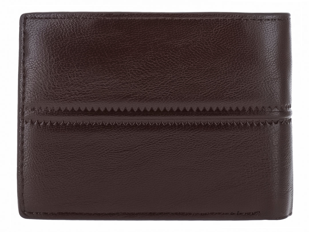 Cartera de cuero color marrón oscuro con costuras horizontales y una pequeña placa metálica con la marca Dialix.