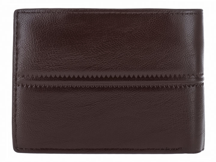 Cartera de cuero color marrón oscuro con costuras horizontales y una pequeña placa metálica con la marca Dialix.