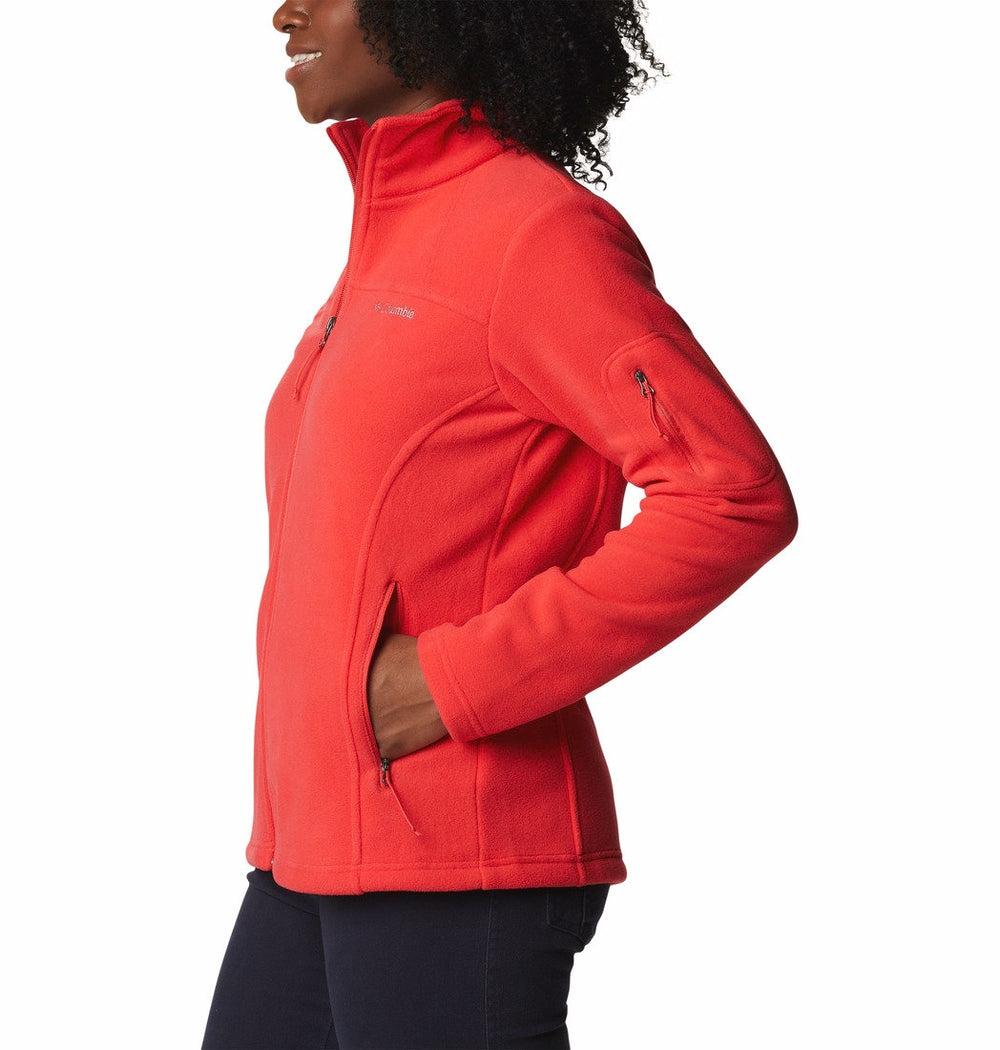 Chaqueta Columbia Fast Trek II en color rojo hibisco con cierre frontal y cuello alto.