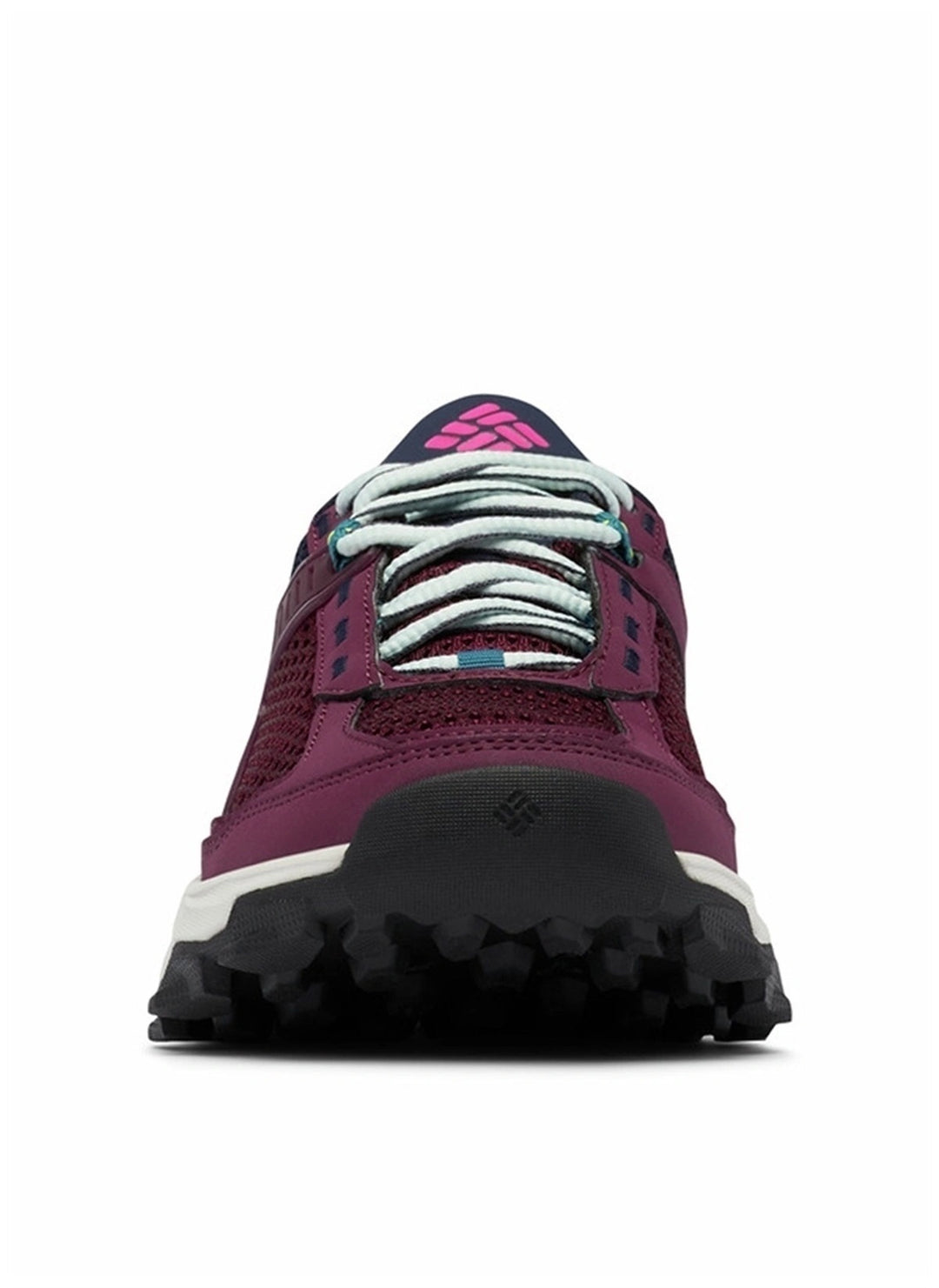 Zapato deportivo Columbia color marionberry con malla transpirable y cordones azul claro.