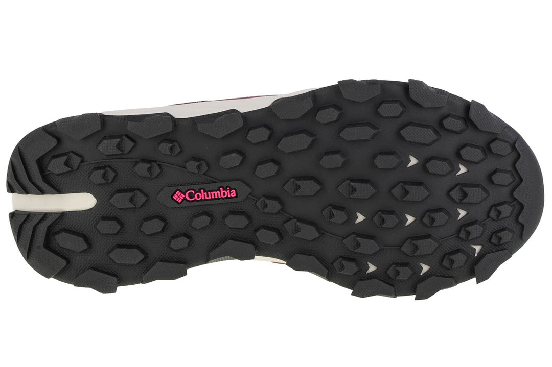 Zapato deportivo Columbia color marionberry con malla transpirable y cordones azul claro.