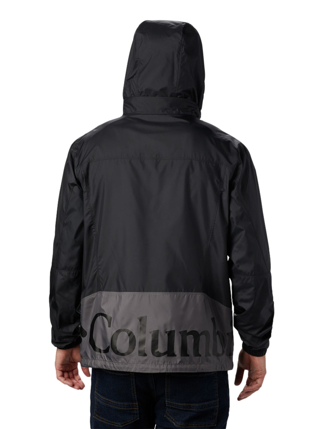 Chaqueta rompevientos Columbia bicolor en gris y negro con capucha y cierre frontal.