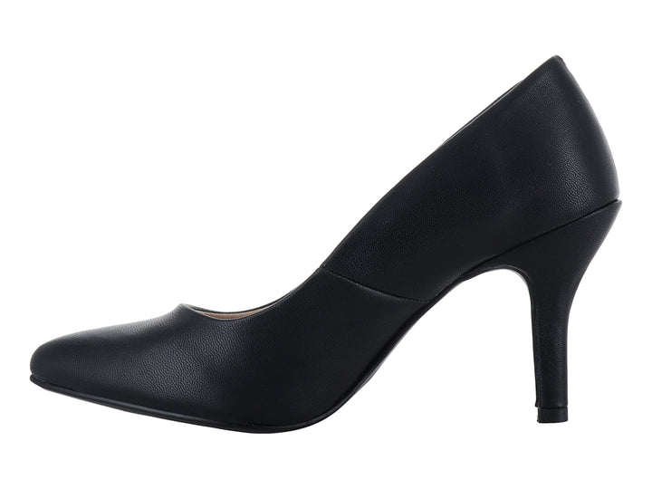 Zapato de tacón alto color negro con acabado en piel granulada y punta redondeada.