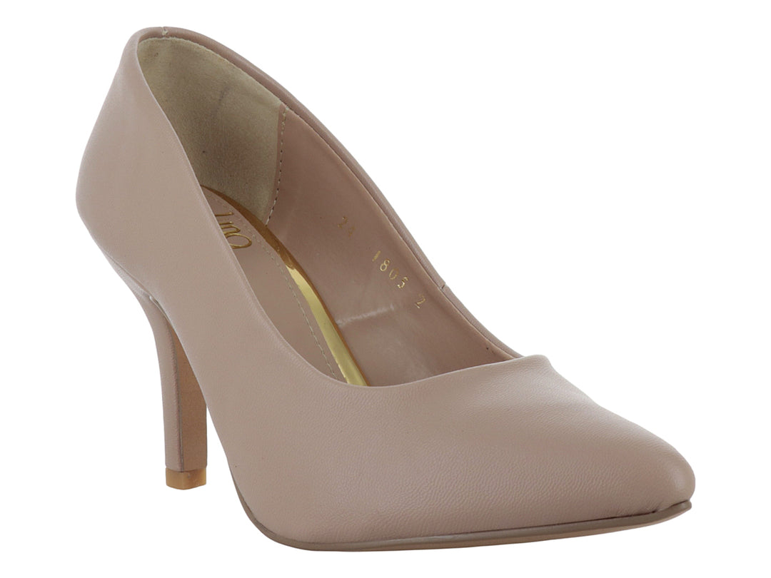 Zapato de tacón alto color maquillaje con acabado mate y punta redondeada para mujer.
