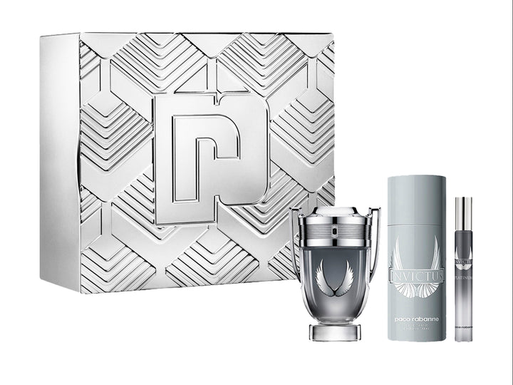 Set de perfume Paco Rabanne Invictus Platinum color plata con caja decorativa y frascos.