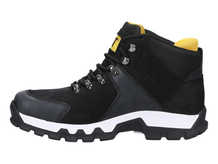 Bota industrial Caterpillar color negro con suela blanca y detalles amarillos.