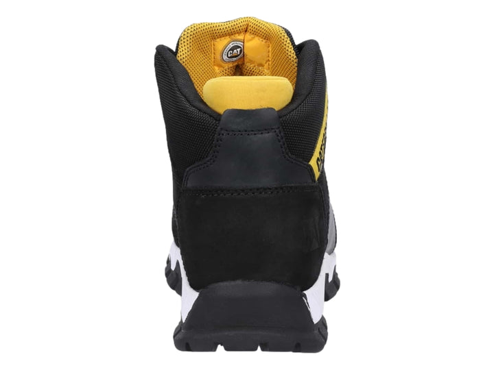 Bota industrial Caterpillar color negro con suela blanca y detalles amarillos.