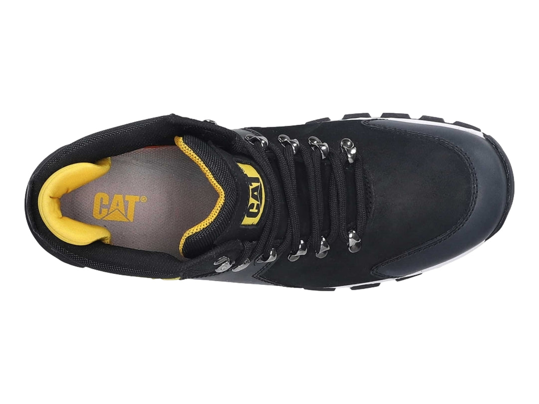 Bota industrial Caterpillar color negro con suela blanca y detalles amarillos.