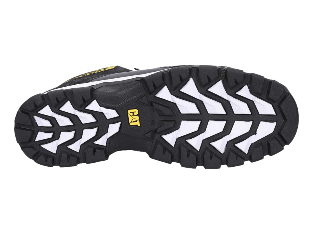 Bota industrial Caterpillar color negro con suela blanca y detalles amarillos.