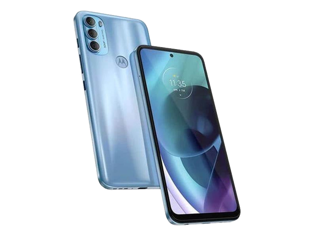 Teléfono inteligente Motorola G71 en color azul, vista frontal y trasera sobre fondo blanco.