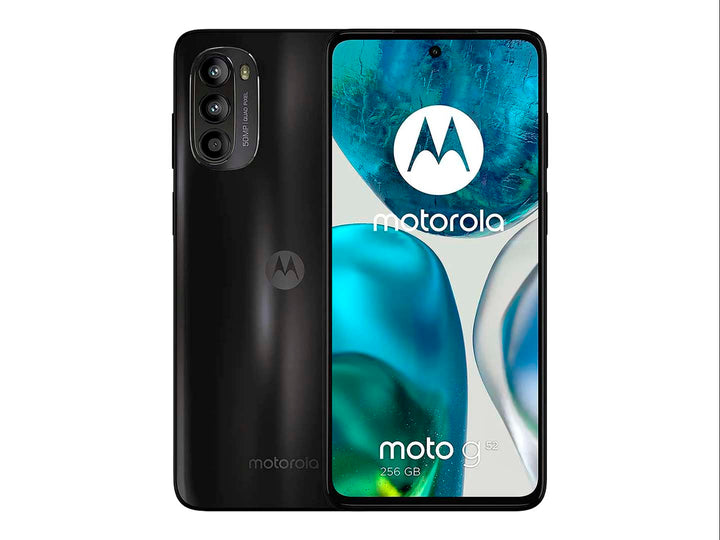 Smartphone Motorola Moto G52 color negro, vista frontal y posterior sobre fondo blanco.