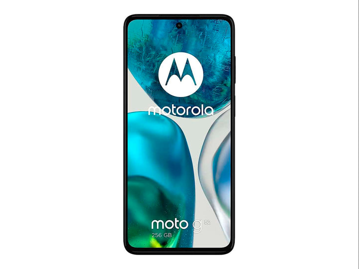Smartphone Motorola Moto G52 color negro, vista frontal y posterior sobre fondo blanco.