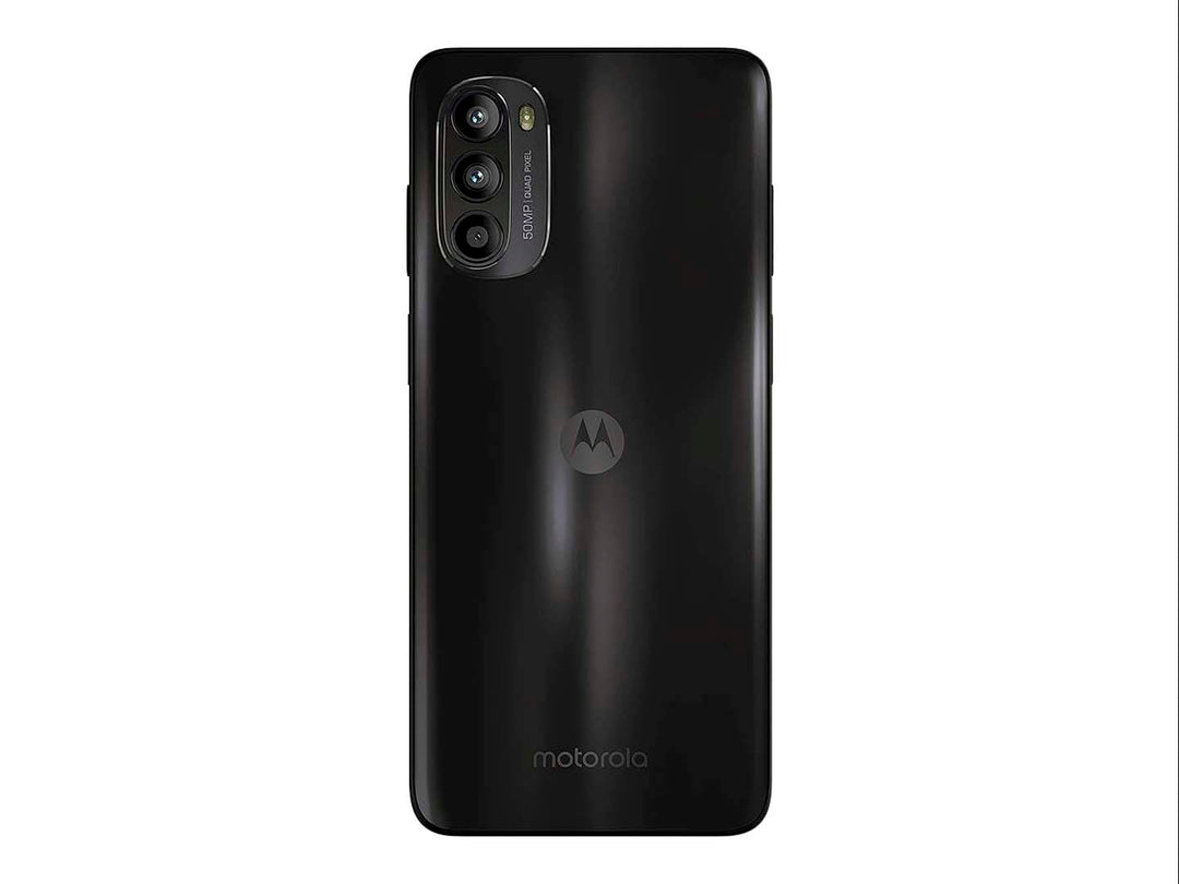 Smartphone Motorola Moto G52 color negro, vista frontal y posterior sobre fondo blanco.