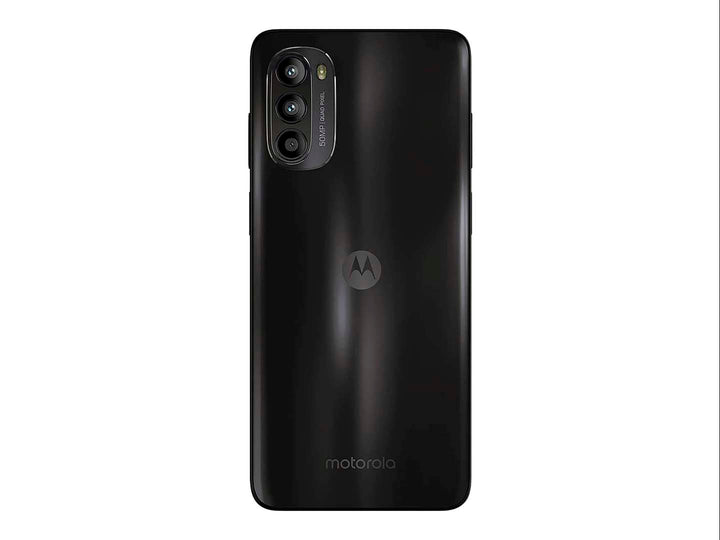 Smartphone Motorola Moto G52 color negro, vista frontal y posterior sobre fondo blanco.